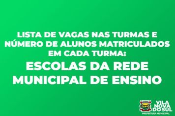 Lista de vagas nas turmas e número de alunos matriculados em cada turma, nas escolas da Rede Municipal